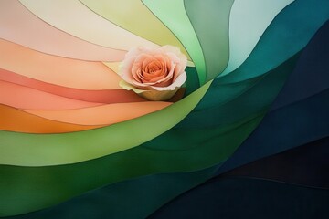 Poster - Vibrant rose surrounded by colorful paper swirls studio setting still life artistic