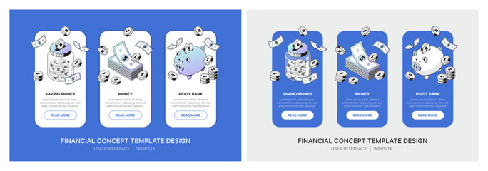 set of user interface designs for websites on both desktop and mobile, featuring a finance and money