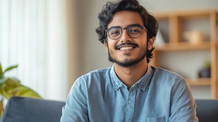 Poster - A smiling young Indian man sits comfortably on a stylish sofa in a contemporary living room, showcasing a warm and inviting atmosphere filled with natural light