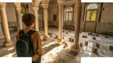 Young Traveler Exploring a Grand, Abandoned Marble Hallway