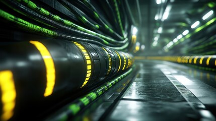 Wall Mural - futuristic data center corridor; glowing cables, servers, and a reflective floor; for tech backgroun