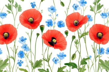 Canvas Print - Beautiful floral pattern featuring vibrant red poppies and delicate blue flowers on a white background, perfect for spring themed designs and wallpapers