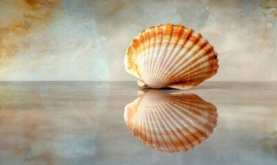 Wall Mural - A beautifully reflective scallop shell resting on a smooth surface with a textured background