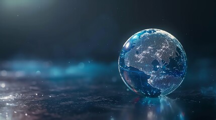 Poster - 3D rendering of a glowing digital Earth on a reflective surface.