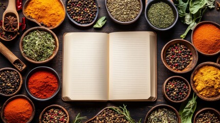 Wall Mural - Open Recipe Book Mockup with Various Colorful Spices and Herbs, Top View on Dark Wooden Background