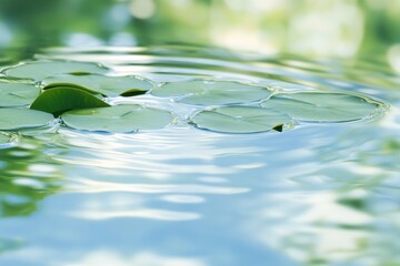Poster - Floating lily pads create a serene reflection in the calm water on a sunny day. Generative AI