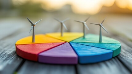 Wall Mural - Colorful pie chart with wind turbines; sunset background; renewable energy concept; stock photo