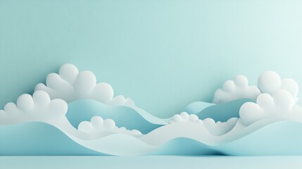Aufkleber - Soft white clouds with gentle blue waves create a tranquil atmosphere in a minimalist setting. Generative AI