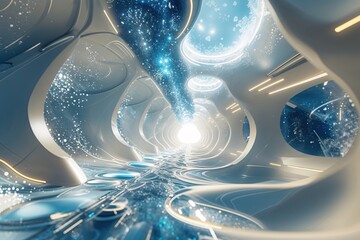 Poster - Futuristic Abstract Design in Pale Blue and Ivory with Radiant Particles and Dynamic Flow