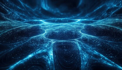 Poster - Abstract Blue Digital Network: Data Streams Flowing Dynamically Across a Virtual Landscape, Showing Interconnections.