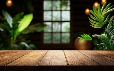 Wall Mural - A serene interior scene featuring a wooden table, lush greenery, and a bright window, creating a warm and inviting atmosphere.