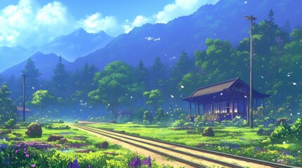 Poster - A serene landscape featuring a tranquil train station surrounded by lush greenery, mountains, and a vibrant sky filled with soft clouds.