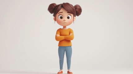 Wall Mural - 3D Render of a Pensive Young Girl with Arms Crossed