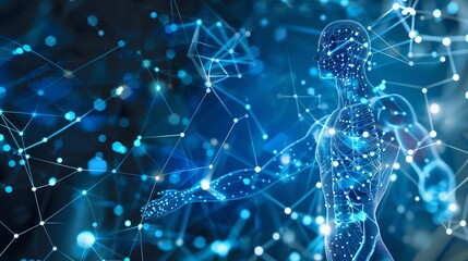 Poster - A digital rendering of a human body made of glowing lines and dots, connected to a network of lines and dots.