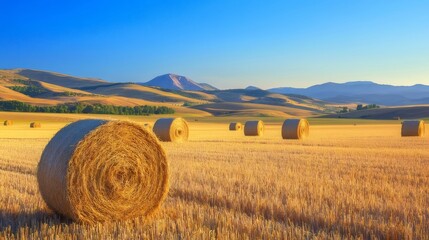 Wall Mural - Golden Hay Bales, Rural Landscape, Harvest Sunset