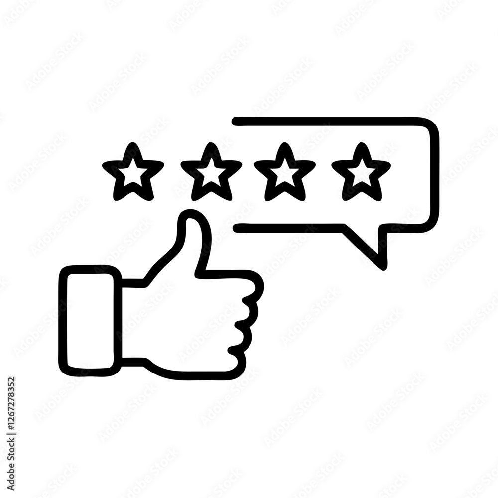 Simple vector black icon of customer feedback with stars and a thumbs ...