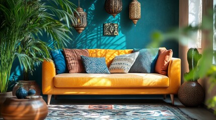 Poster - Sunlight filters through the window, casting playful shadows on a cozy yellow sofa adorned with colorful cushions
