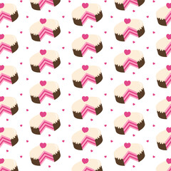 Wall Mural - Cake with hearts repeat pattern.Birthday cake seamless pattern isolated on white background.Vector graphic illustration.