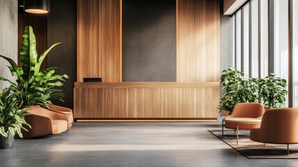 Poster - A warm and welcoming office lobby with wooden decor, plush seating, and a blank section for a company logo