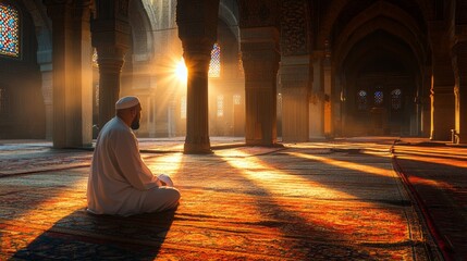 Aufkleber - A man dressed in traditional attire sits in quiet meditation within a beautifully designed mosque