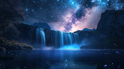 Celestial cascade, A waterfall under the shimmering starlight galaxy