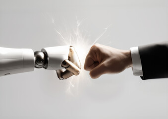 a human hand in a business suit fist-bumping a white ai robotic hand, with sparks of light at the po