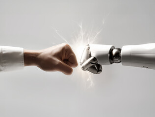 ..A human hand fist-bumping a white ai robotic hand, with sparks of light at the point of contact on light grey background. AI artificial intelligence.