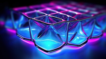 Poster - Abstract Neon Blue and Pink Geometric Crystal Structure,  Modern Art Digital 3D Render