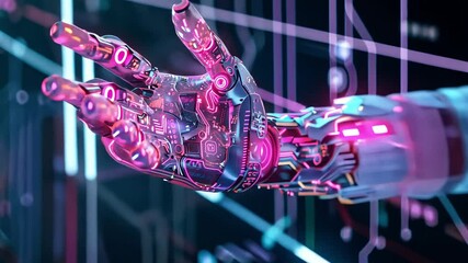 A futuristic robotic hand with glowing circuits and intricate designs footage
