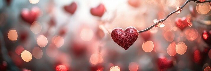 Delicate Red Heart Ornaments on Branch With Romantic Valentine s Day Bokeh Background