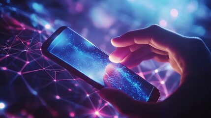 Poster - Futuristic Smartphone Technology Digital Network Connection Abstract Purple Blue Glow Modern Hand Holding Mobile Device Screen Data Visualization     