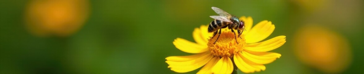 Pollen-covered fly hovering above a yellow flower, insects, entomology