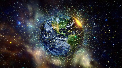 Poster - Global Network Connection Digital Earth Abstract Background Illustration Technology Futuristic World Map Data Visualization Bright Colorful Energy    