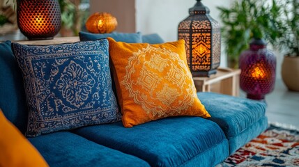 Poster - This inviting living room features a plush blue sofa, accentuated by plush orange and blue cushions. Intricately designed lanterns cast a warm glow, enhancing the cozy atmosphere