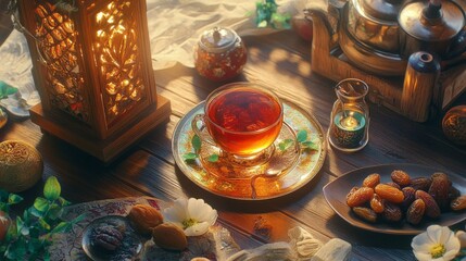 Aufkleber - Elegant spread showcases a beautifully arranged Ramadan Kareem table featuring dates, fragrant tea, and soft candlelight, evoking a sense of warmth and togetherness during the holy month