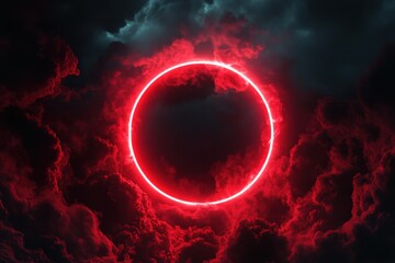 Wall Mural - Vibrant Cosmic Halo: Radiant Red Neon Ring Amidst Enigmatic Nightscape with Luminous Cloud Rays