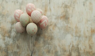 Wall Mural - A cluster of pastel-colored balloons with patterns against a textured, weathered wall background