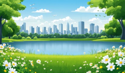 Wall Mural - Cityscape park pond, flowers, birds, spring