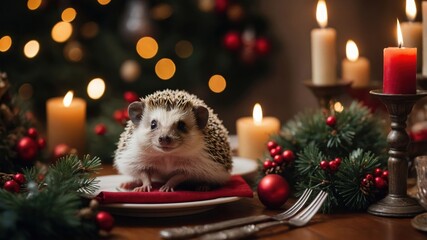 A hedgehog sits on a festive table with candles and holiday decorations.