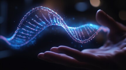 Hand holding DNA, genetic research, dark background, science concept