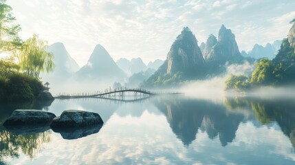 Wall Mural - Misty sunrise over karst mountains, bridge reflection, tranquil lake