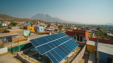 Wall Mural - Rural solar panel installation, mountain backdrop, energy