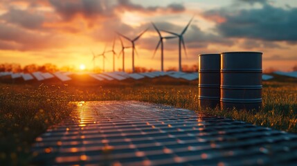 Wall Mural - Sunset over solar and wind farm with oil barrels; energy transition