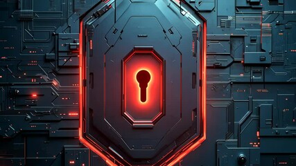 Poster - Cybersecurity shield with keyhole, neon blue and red lighting high-tech digital art style.