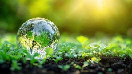 Wall Mural - Green sprout growth reflected in a crystal ball, sunny background; environmental concept