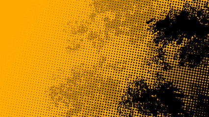 Canvas Print - abstract grunge yellow background with black stains and halftone dots.