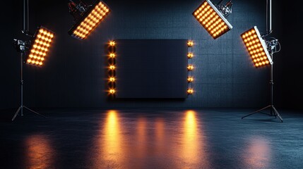 Poster - Illuminated room with bright lights on floor and colorful photo display on wall