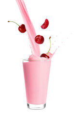 Wall Mural - Cherry milkshake and fresh berries on white background