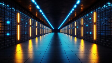 Poster - Long hallway illuminated by rows of bright lights creating a modern architectural atmosphere