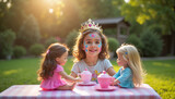 Cheerful girl with princess face paint enjoying a tea party with dolls in a sunny backyard, celebrating imagination and childhood joy.